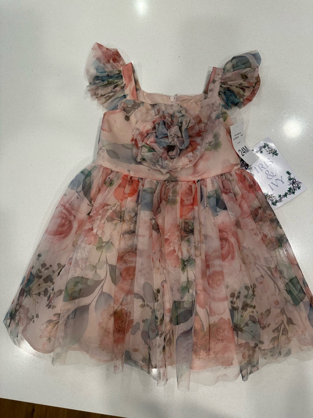 iris & ivy Pink Floral Chiffon Dress with Rosette Accent